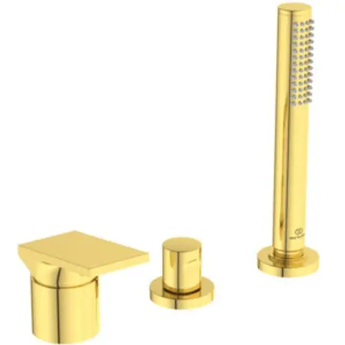 Goldene Armatur bestehend aus drei Teilen, einschließlich eines langen Rohres und zwei Stellventilen, designed von Ideal Standard.